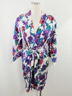 Vintage Victoria's Secret silk floral robe purple blue Gold Label sleepwear 80s